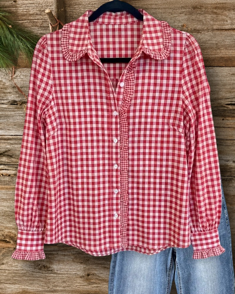 Gingham Ruffle Trim Collared Button Down Long Sleeve Blouse