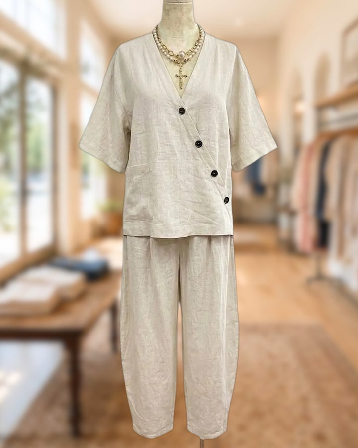 Solid Color V Neck Side Button Top And Pants Set