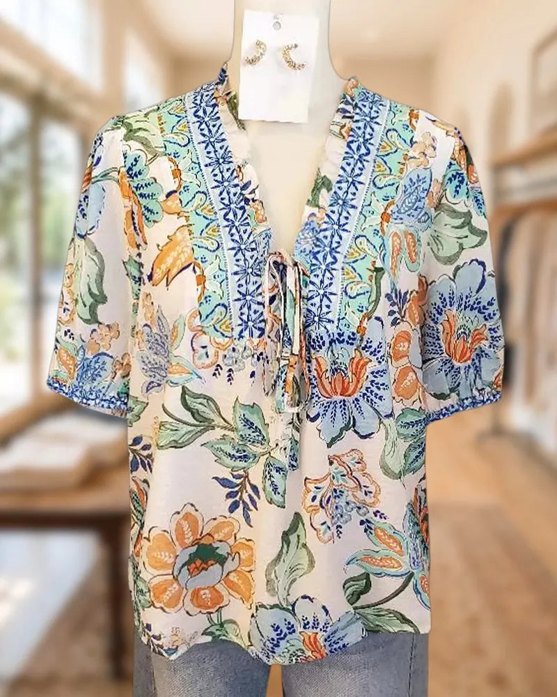 Floral Print Tie Neck Embroidered Placket Short Sleeve Blouse