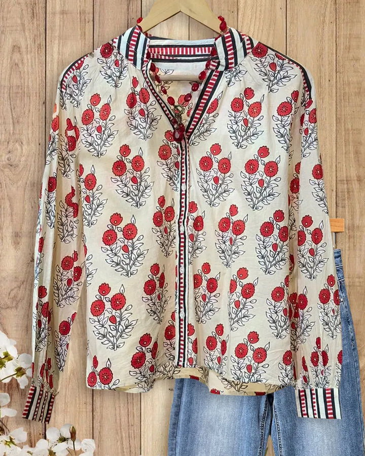 Floral Print Contrast Trim Button Front Long Sleeve Blouse