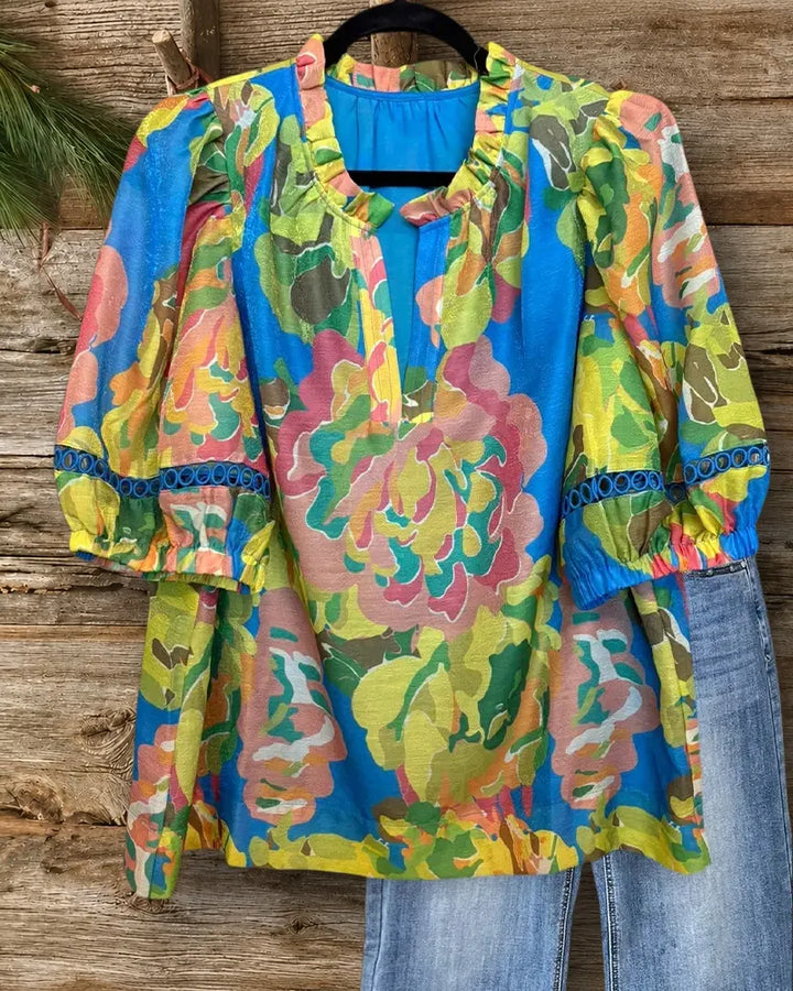 Ruffle Neck Puff Sleeve Cutout Accent Printed Loose Blouse