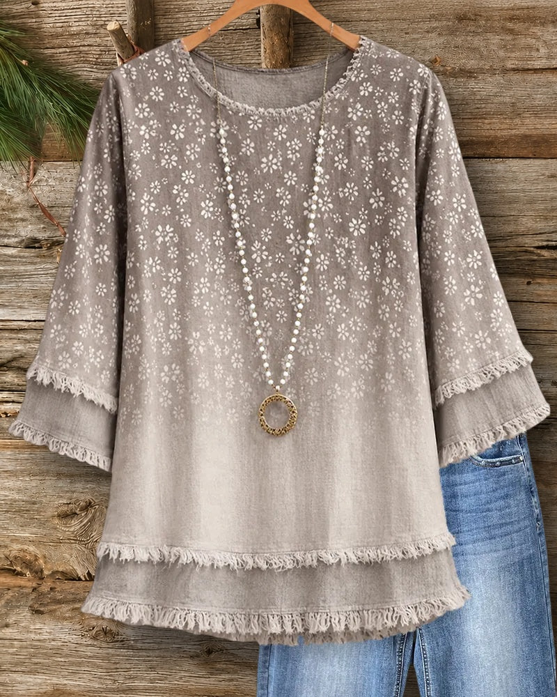 Frayed Trim Tiered Sleeve Blouse
