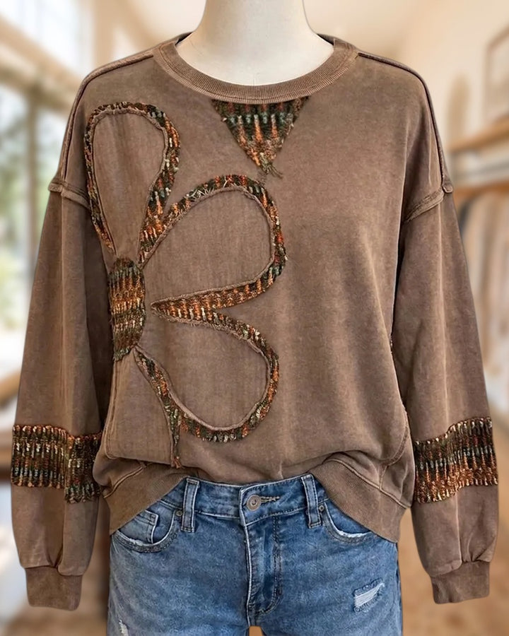 Floral Applique Crew Neck Casual Long Sleeve Sweatshirt