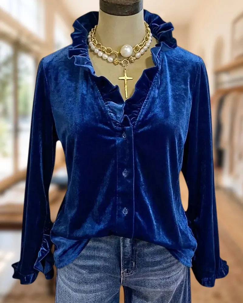 Ruffle Trim V Neck Button Up Long Sleeve Velvet Blouse