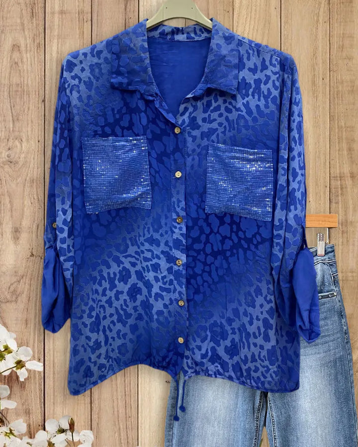 Leopard Print Sequin Pocket Button Shirt