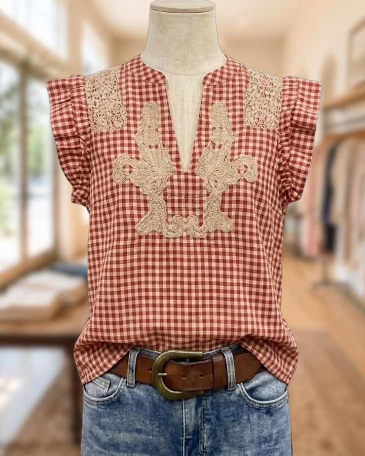 Gingham Embroidered Ruffle Sleeve V Neck Casual Blouse
