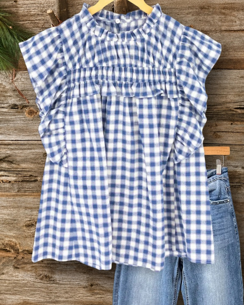 Ruffled Shirred Gingham Flutter Sleeve Cute Flowy Lightweight Blouse