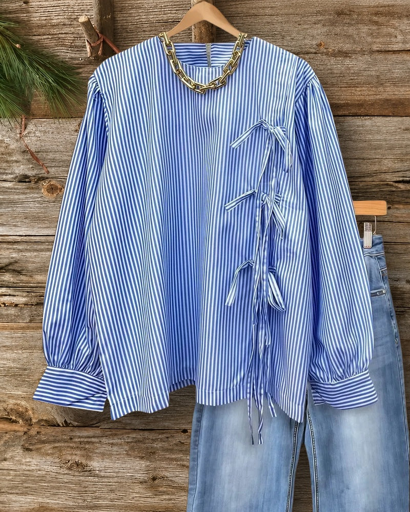 Vertical Striped Simple Bowknot Decor Blouse