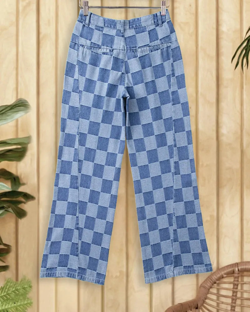 Checked Print Stylish Wide Leg Jeans
