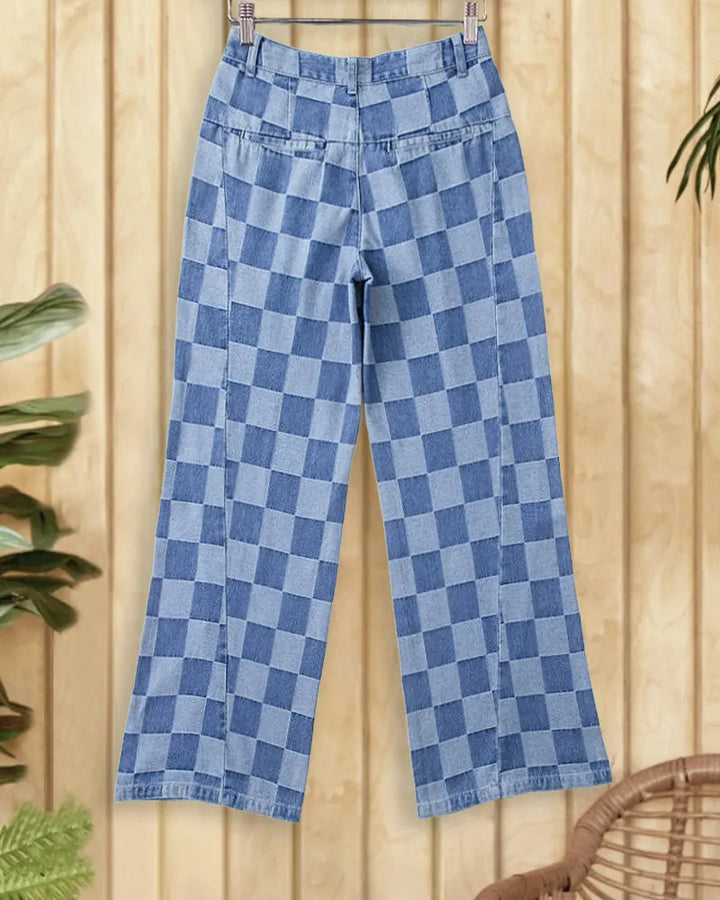 Checked Print Stylish Wide Leg Jeans
