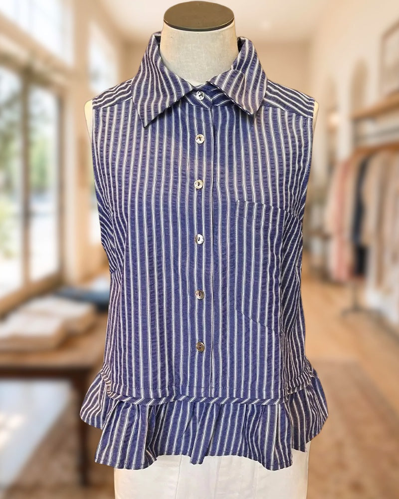 Collared Sleeveless Button Front Peplum Hem Striped Blouse