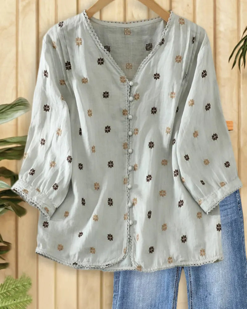 V Neck Lace Trim Button Front Embroidered Loose Blouse