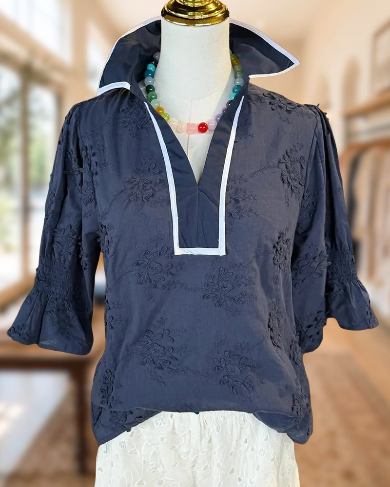 Floral Embroidered Contrast Trim V Neck Flare Sleeve Blouse