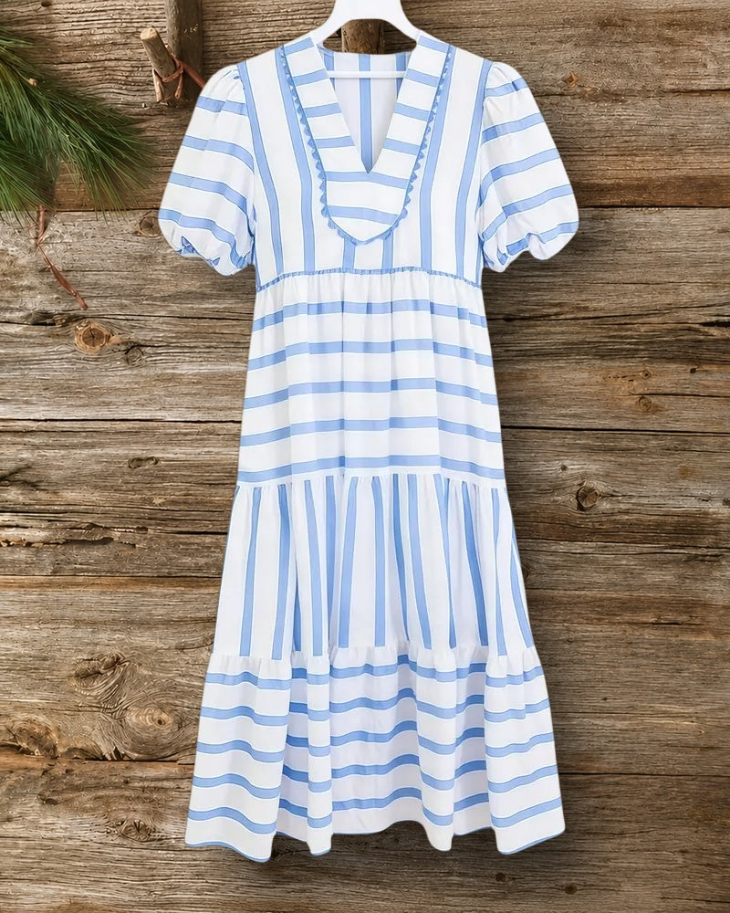 Striped Patchwork Puff Sleeve Urban Tiered Midi Dress
