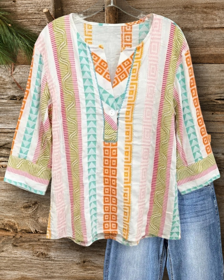Geometric Print Split Neck 3/4 Sleeve Relaxed Fit Casual Blouse