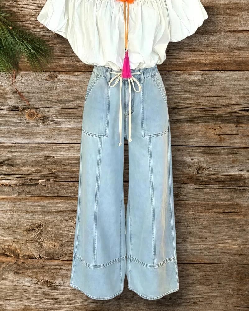Solid Color Simple Drawstring Wide Leg Jeans