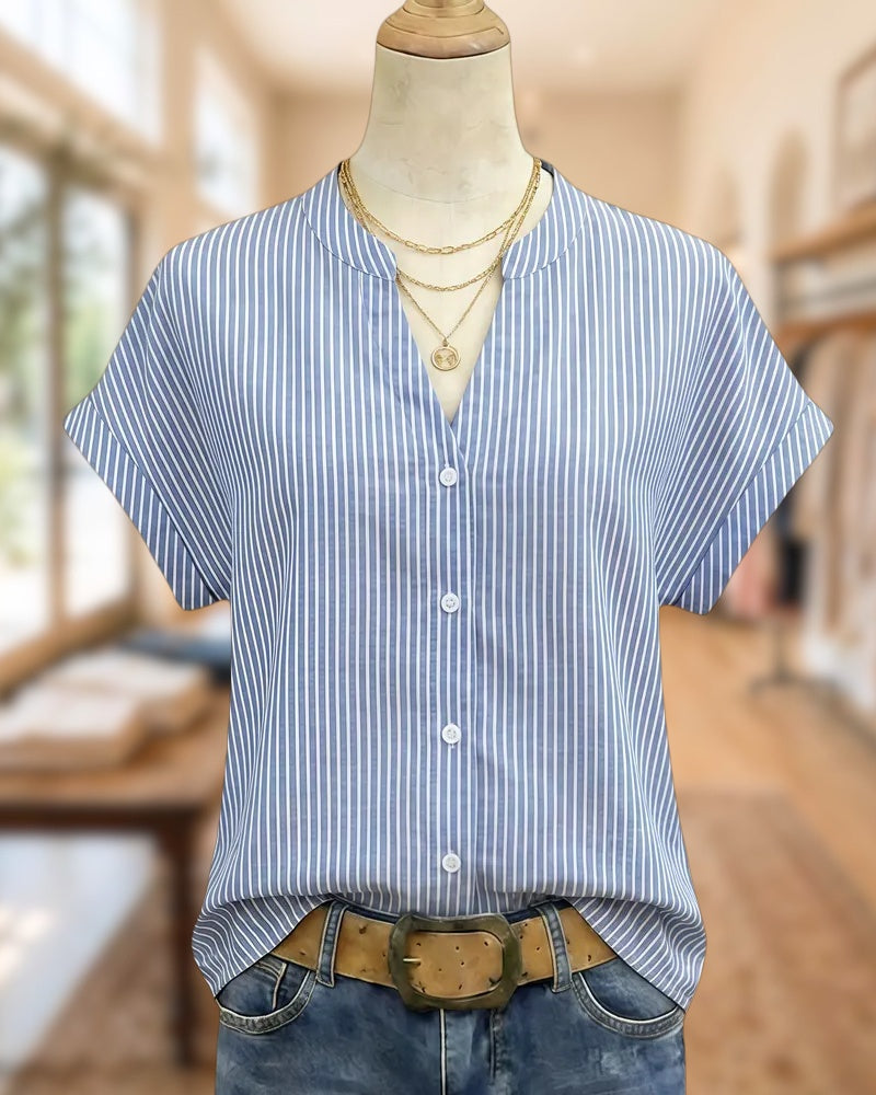 Striped V Neck Commuting Button Up Blouse