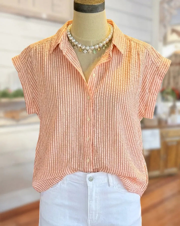 Striped Collared Button Front Cap Sleeve High Low Shirt