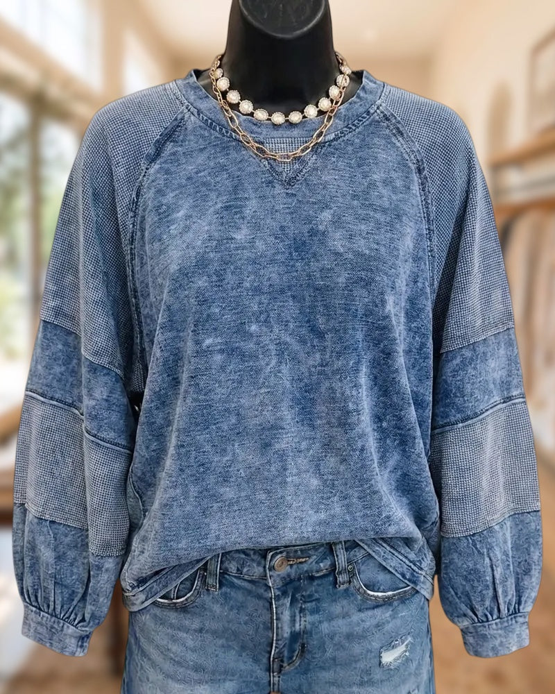 Raglan Sleeve Patchwork Crew Neck Textured Panel Casual Sweatshirt