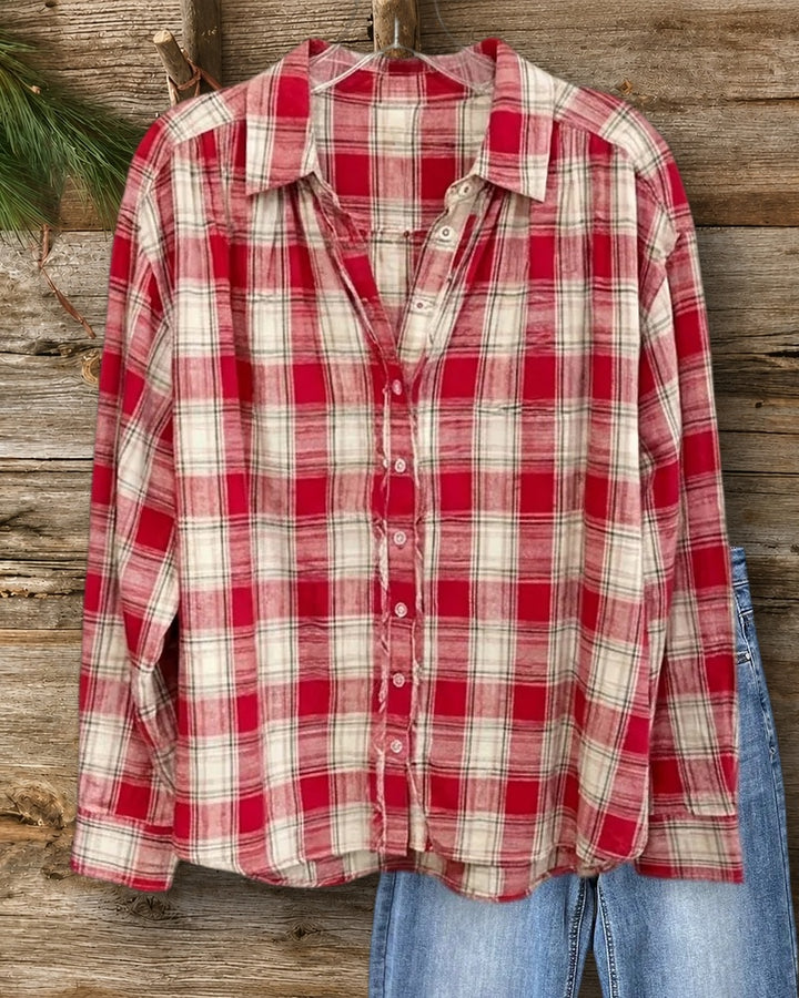 Plaid Lapel Frayed Trim Shirt