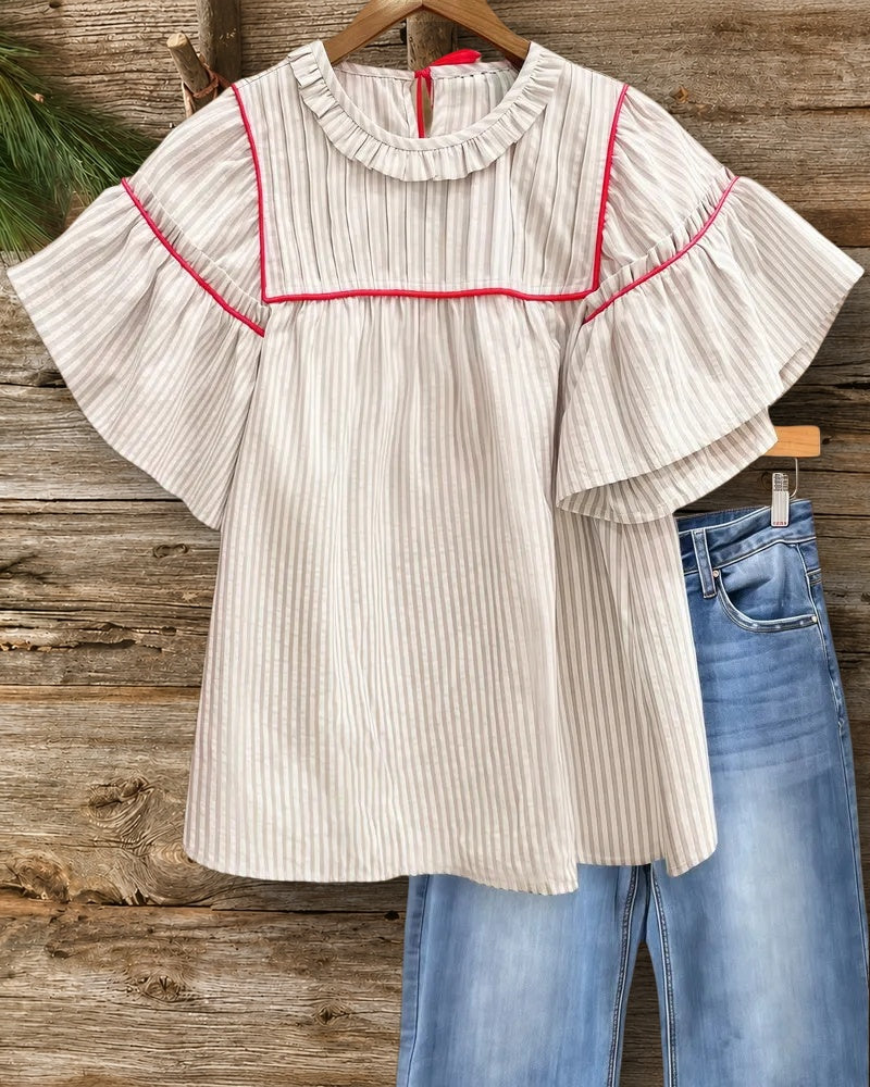 Vertical Striped Pretty Ruffled Trumpet Sleeve Blouse