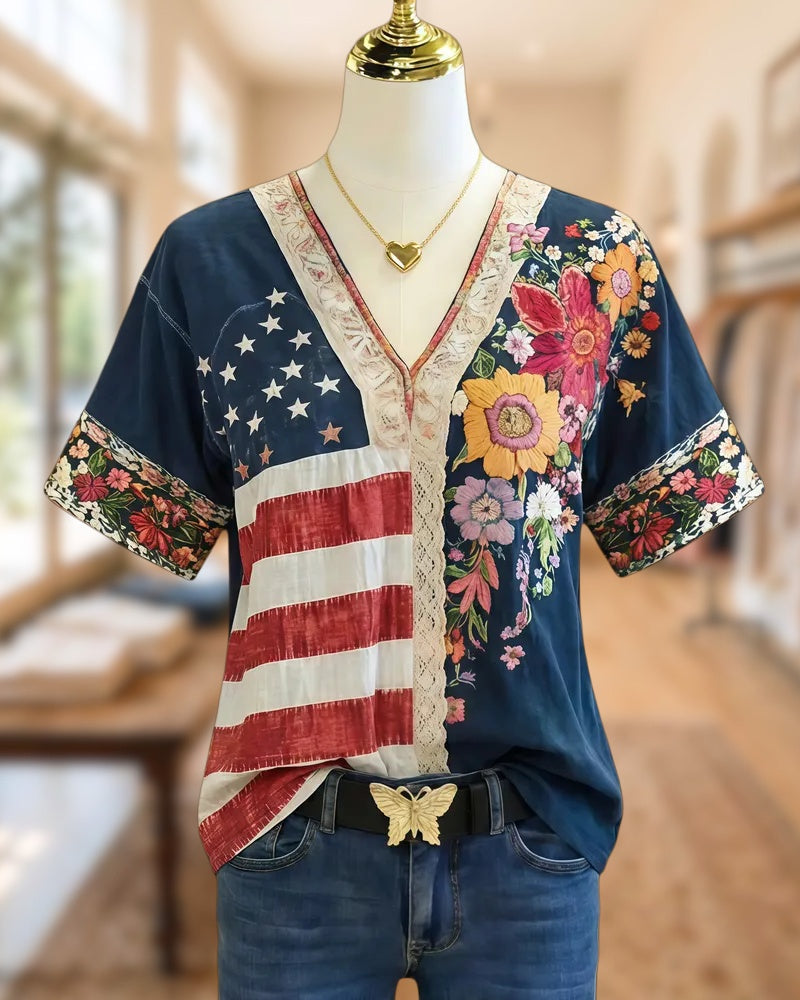National Flag & Floral Print V Neck Festive Blouse