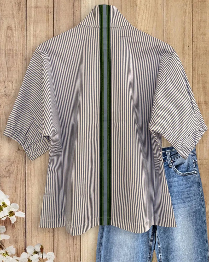 V Neck Striped Half Sleeve Loose Casual Blouse