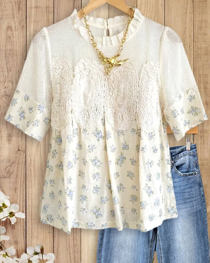Floral Print Lace Trim Mesh Panel Short Sleeve Blouse
