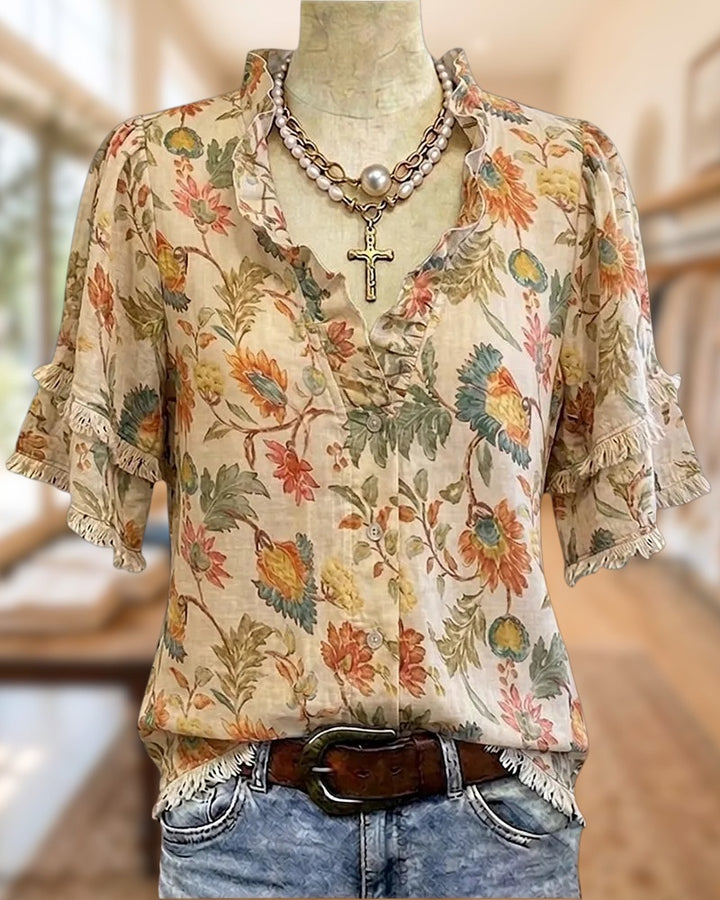 Floral Print Ruffled V Neck Tiered Sleeve Casual Blouse