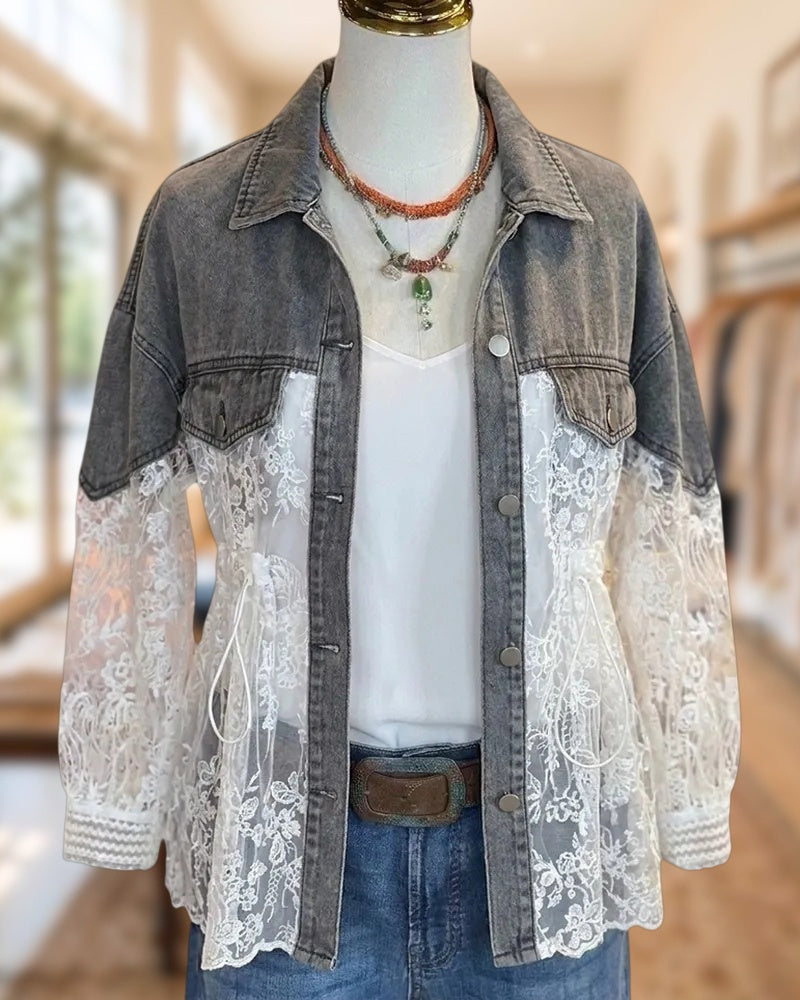 Denim Contrast Lace Drawstring Waist Button Front Casual Jacket