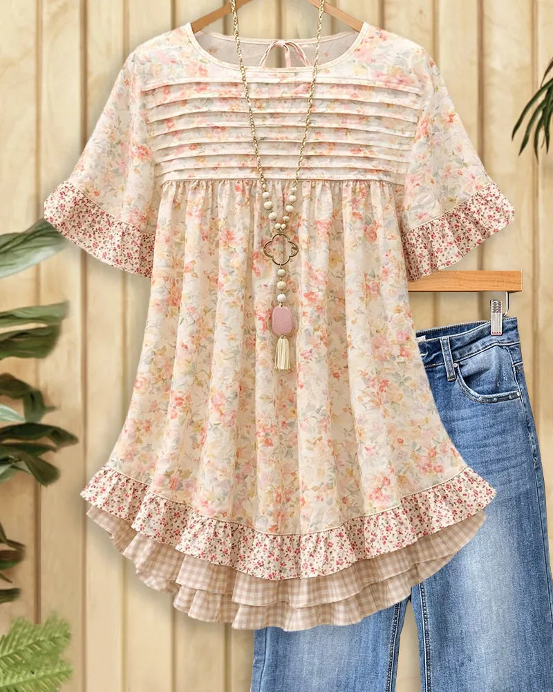 Floral Print Elegant Ruffles Trim Babydoll Blouse