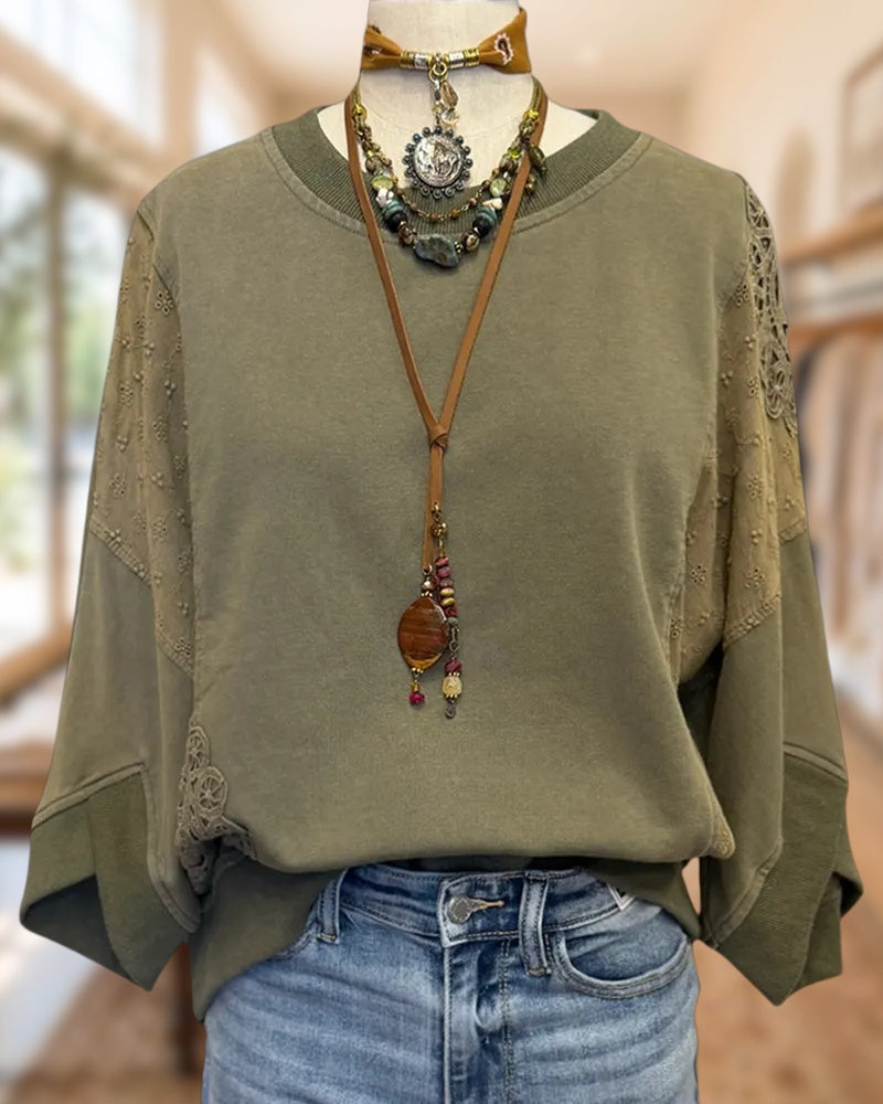 Lace Insert Crew Neck 3/4 Sleeve Loose Casual Sweatshirt