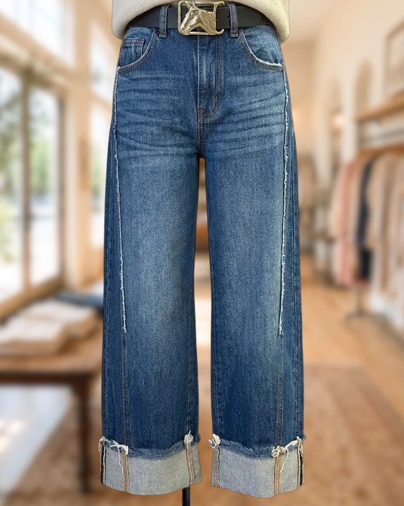 Frayed Edge Rolled Cuff Wide Leg Jeans