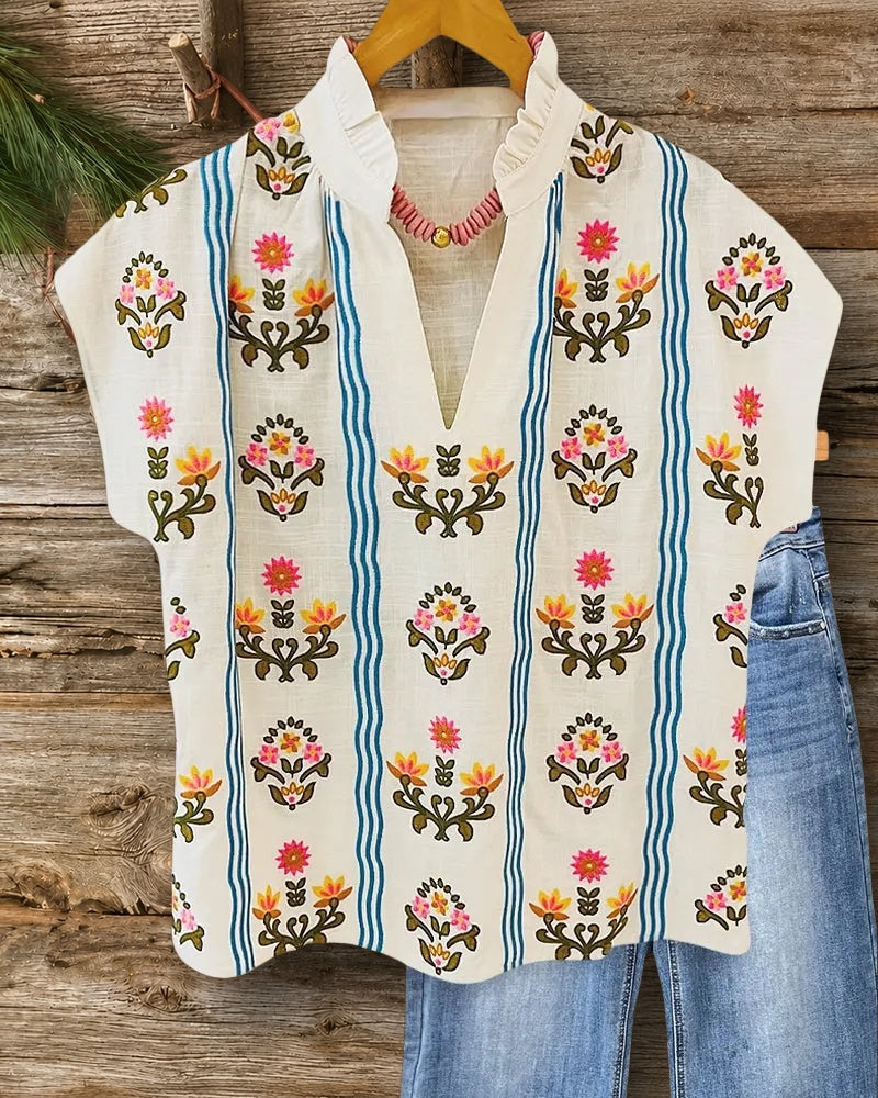 Floral Print Girly V Neck Blouse