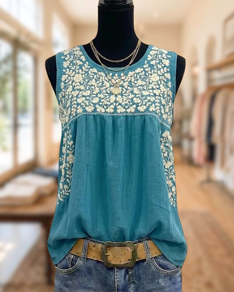 Floral Embroidered Sleeveless Gathered Yoke Casual Summer Tank Top