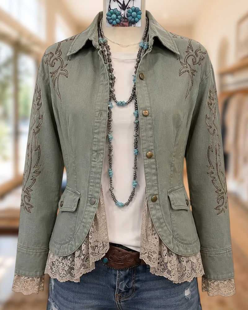Floral Embroidery Collared Long Sleeve Jacket With Lace Trim