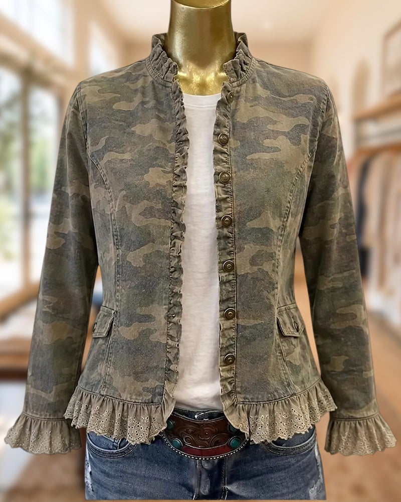 Ruffled Trim Camo Stand Collar Jacket