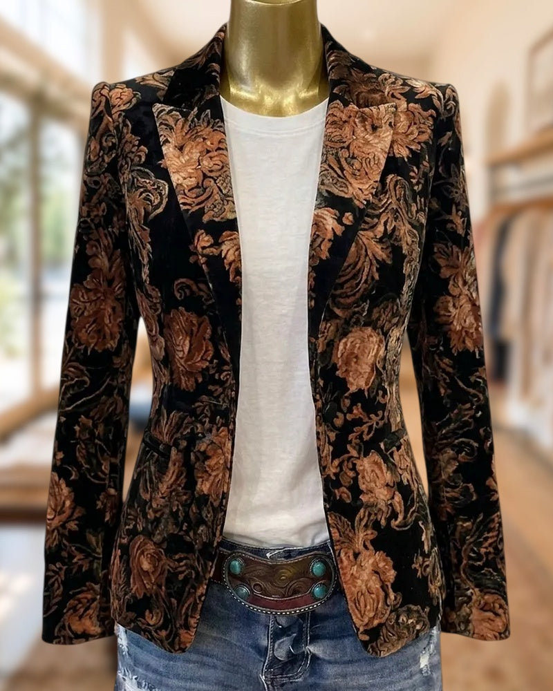 Floral Print Velvet Notched Lapel Slim Fit Blazer