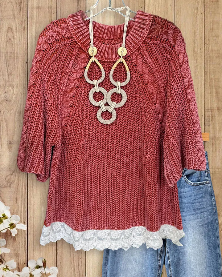 Cable Knit Raglan Sleeve Lace Trim Crew Neck Sweater