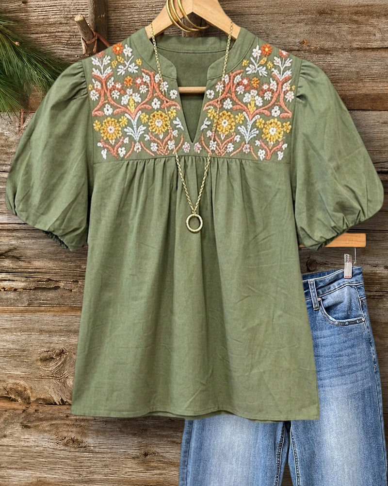 Floral Embroidered Puff Sleeve V Neck Gathered Casual Blouse