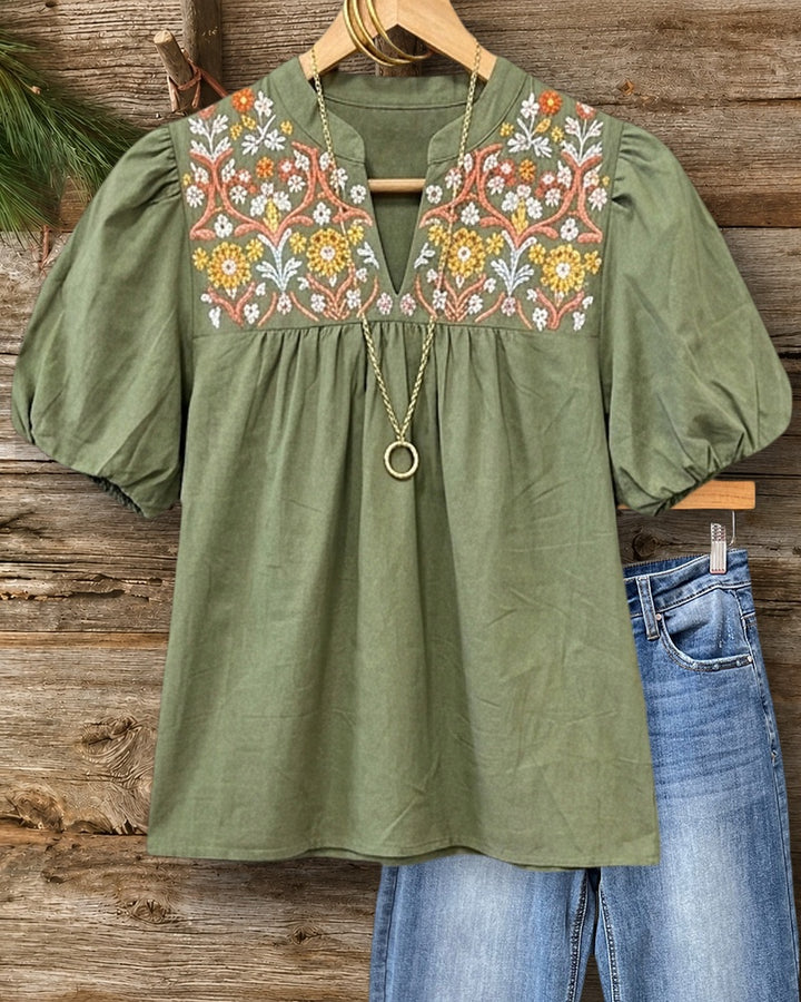 Floral Embroidered Puff Sleeve V Neck Gathered Casual Blouse