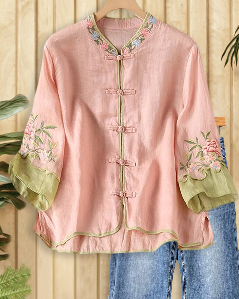Mandarin Collar Frog Closure Embroidered Flare Cuff Blouse