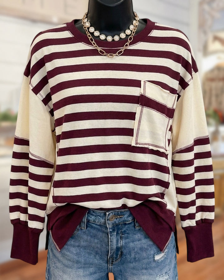 Striped Crew Neck Side Slit Long Sleeve Sweatshirt