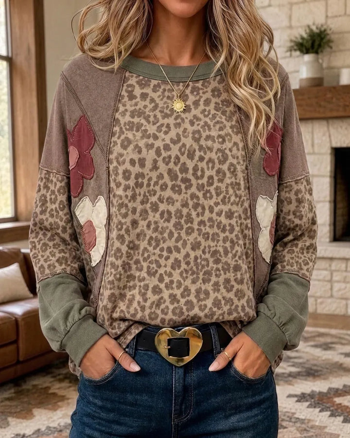 Leopard Patchwork Floral Applique Contrast Sleeve Cozy Chic Sweatshirt