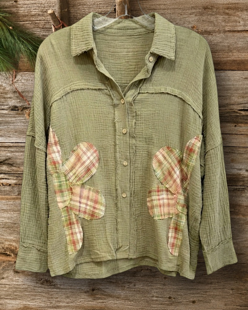 Plaid Patch Button Down Collared Long Sleeve Casual Shirt