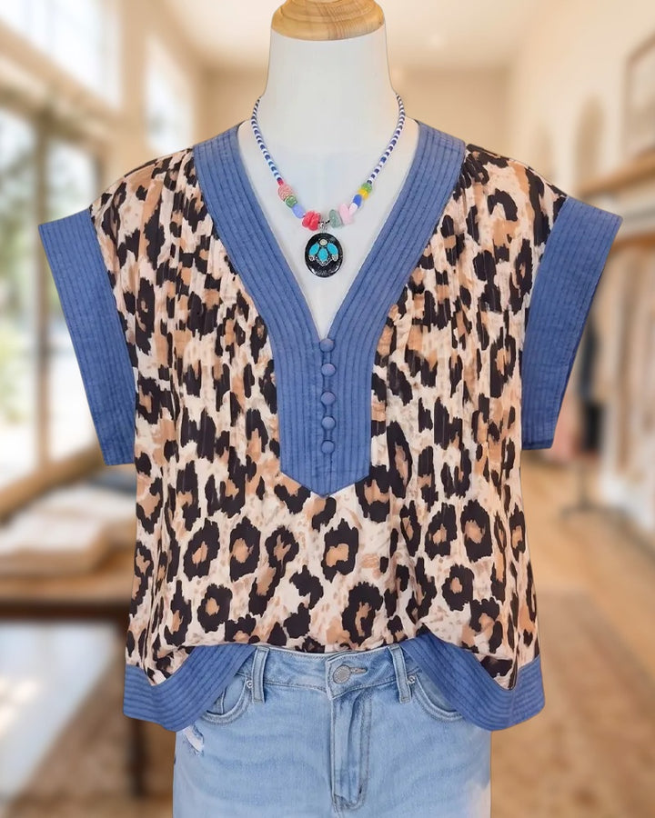Leopard Print V Neck Contrast Trim Button Front Loose Blouse