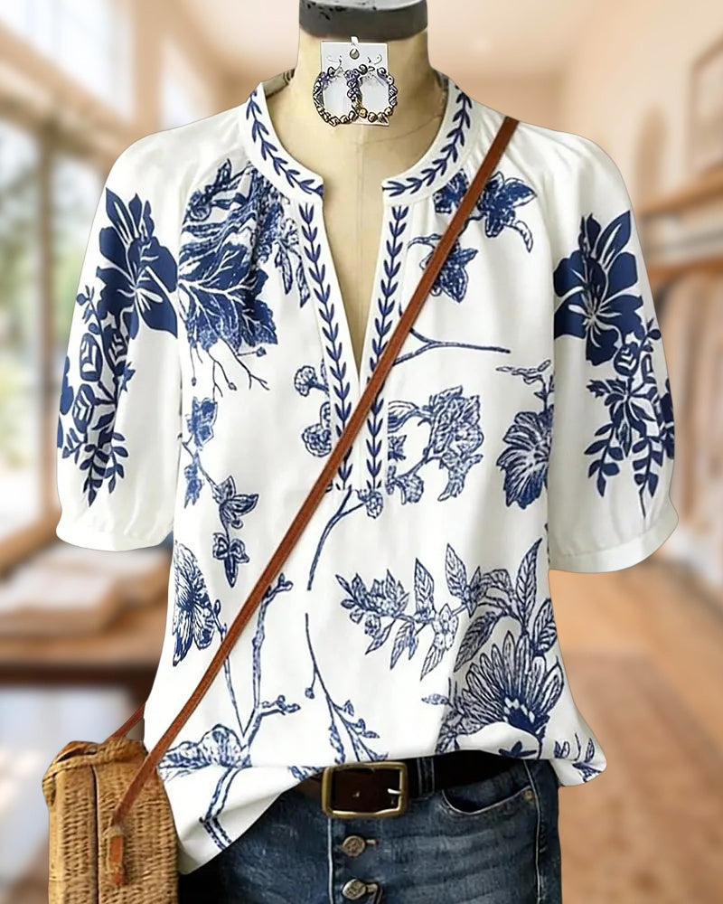 Floral Print Split Neck Puff Sleeve Loose Casual Blouse