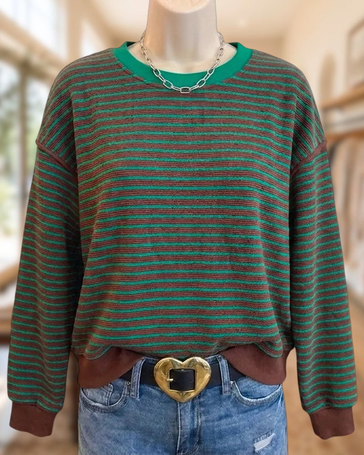 Striped Crew Neck Drop Shoulder Long Sleeve Casual Sweatshirt