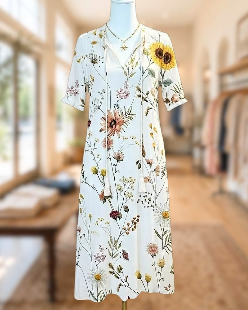 Floral Print Tie Neck Half Sleeve Pastoral Midi Dress