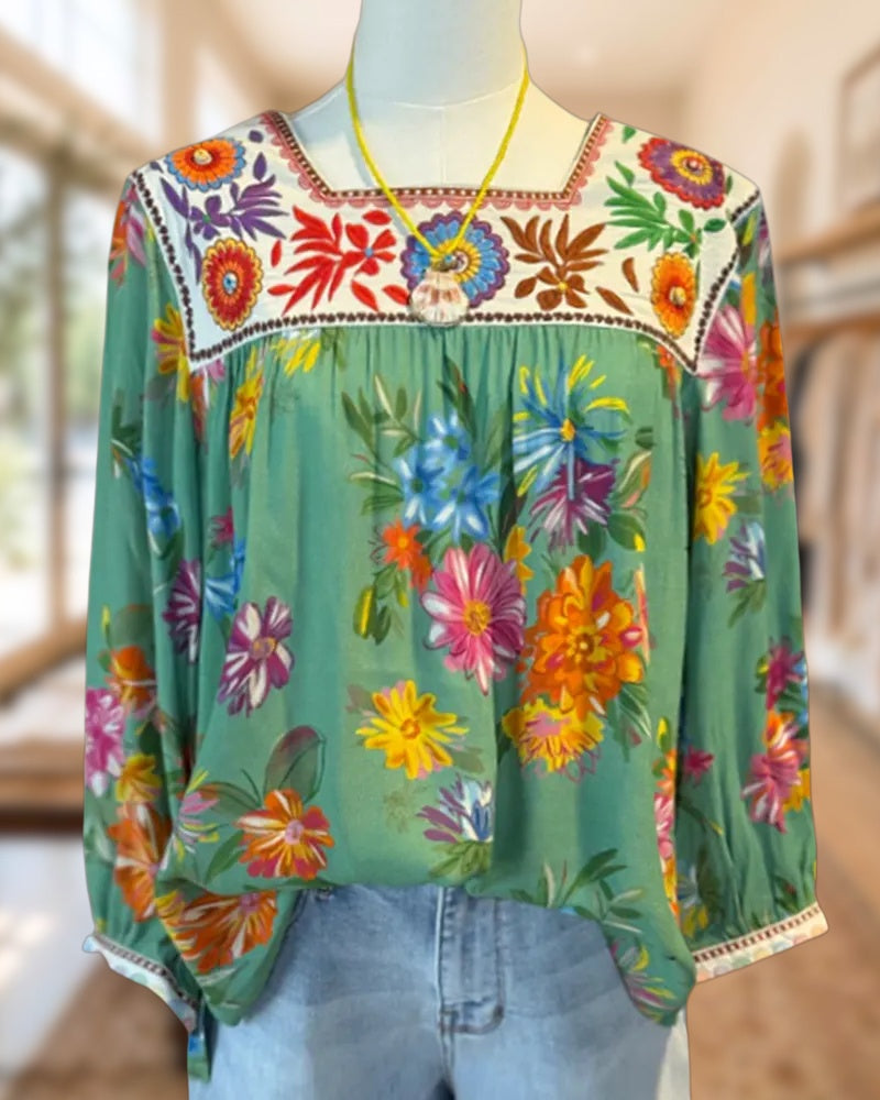 Floral Print Embroidered Yoke Square Neck Long Sleeve Blouse